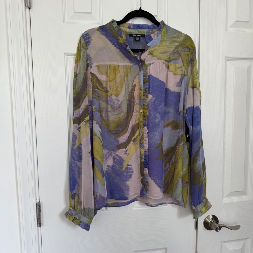 BCBG Women XL Abstract Watercolor Ruffle Button Front Colorful Chiffon Blouse